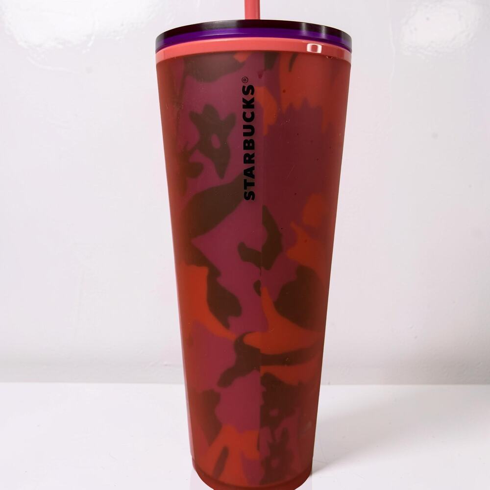 Starbucks 2022 Spring Red Floral Soft Touch Venti Cold Cup Tumbler 24 oz Matte